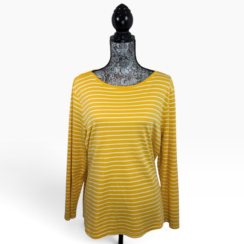 L.L.Bean 1X Plus Mustard Yellow & White Striped Supima Cotton Long Sleeve Top